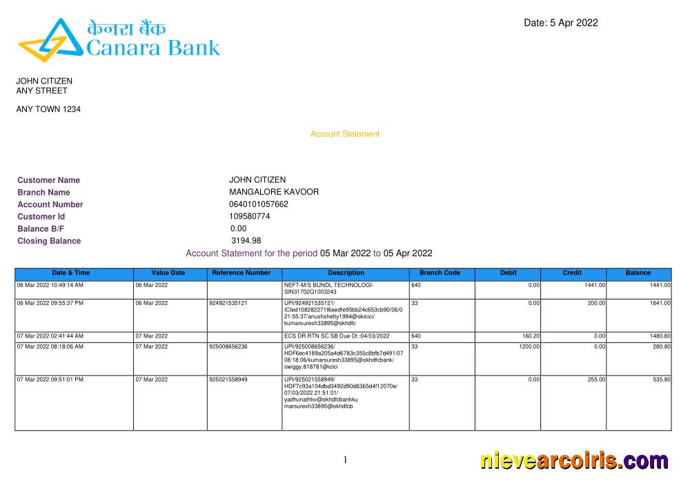 INDIA CANARA bank statement, Word and PDF format, version 3